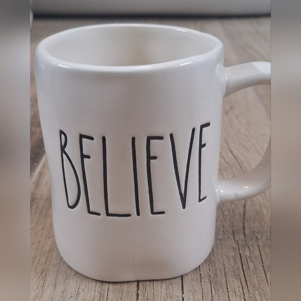 Rae Dunn Ceramic Cream Mug with Black 'BELIEVE' Christmas Collectibel